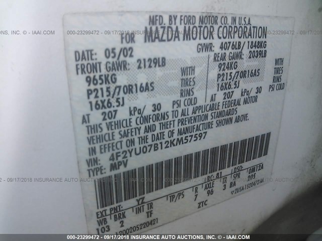 4F2YU07B12KM57597 - 2002 MAZDA TRIBUTE DX 白色 照片 9