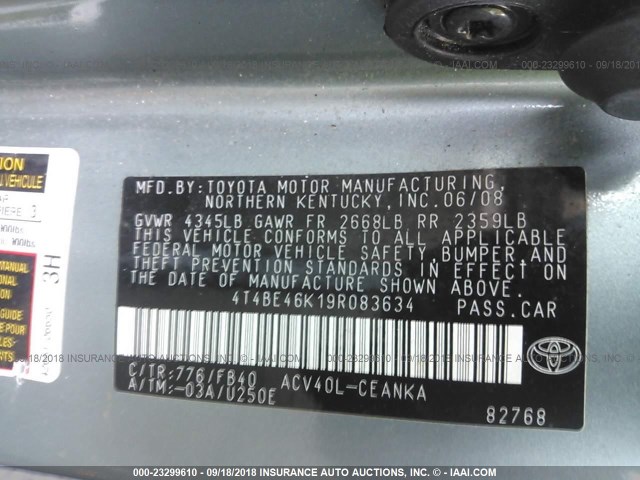 4T4BE46K19R083634 - 2009 TOYOTA CAMRY SE/LE/XLE 绿色 照片 9