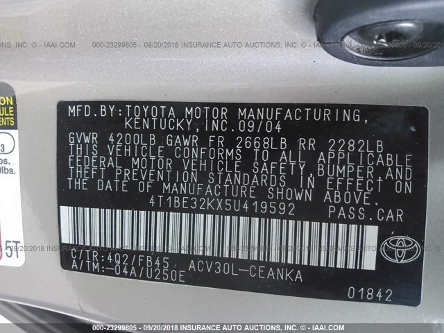 4T1BE32KX5U419592 - 2005 TOYOTA CAMRY LE/XLE/SE Qızıl foto 9