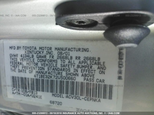 4T1BE32K72U500660 - 2002 TOYOTA CAMRY LE/XLE/SE Күміс фото 9