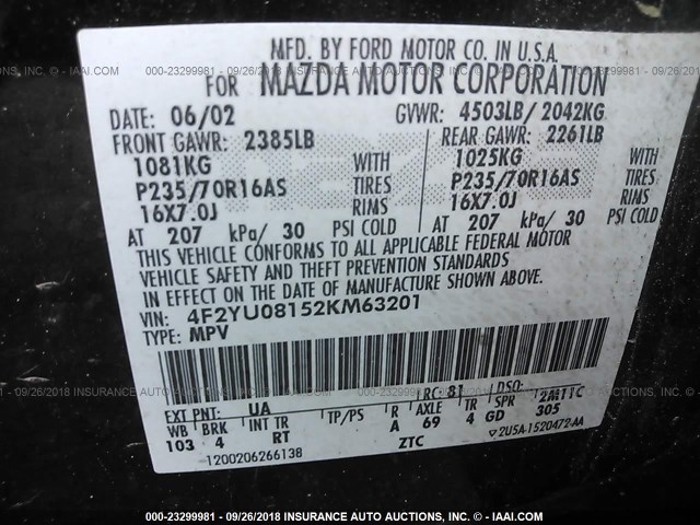 4F2YU08152KM63201 - 2002 MAZDA TRIBUTE LX/ES 黑色 照片 9