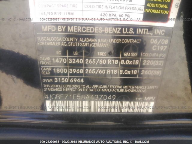 4JGBF71E58A437049 - 2008 MERCEDES-BENZ GL 450 4MATIC BLACK photo 9