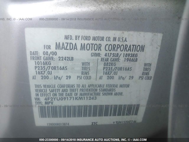 4F2YU09171KM11243 - 2001 MAZDA TRIBUTE LX/ES SILVER photo 9