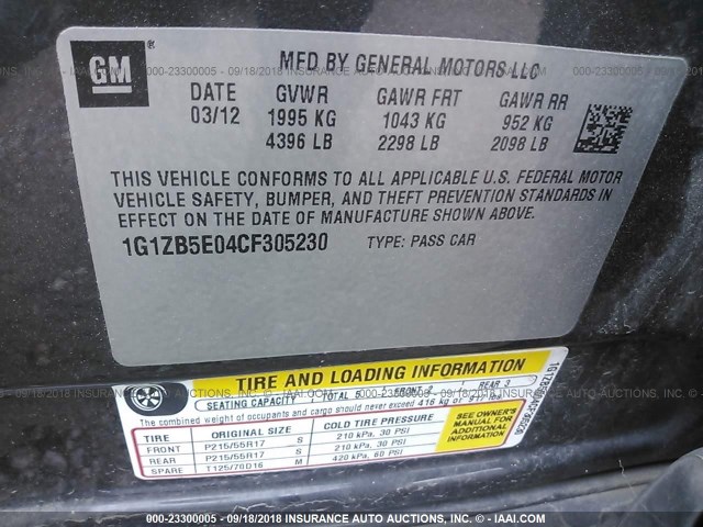 1G1ZB5E04CF305230 - 2012 CHEVROLET MALIBU LS 灰色 照片 9