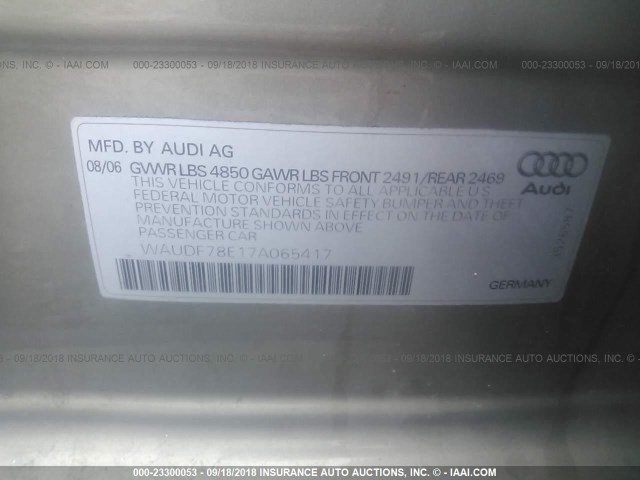 WAUDF78E17A065417 - 2007 AUDI A4 2.0T QUATTRO BEIGE photo 9