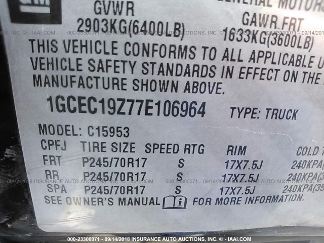 1GCEC19Z77E106964 - 2007 CHEVROLET SILVERADO C1500 CLASSIC BLACK photo 9