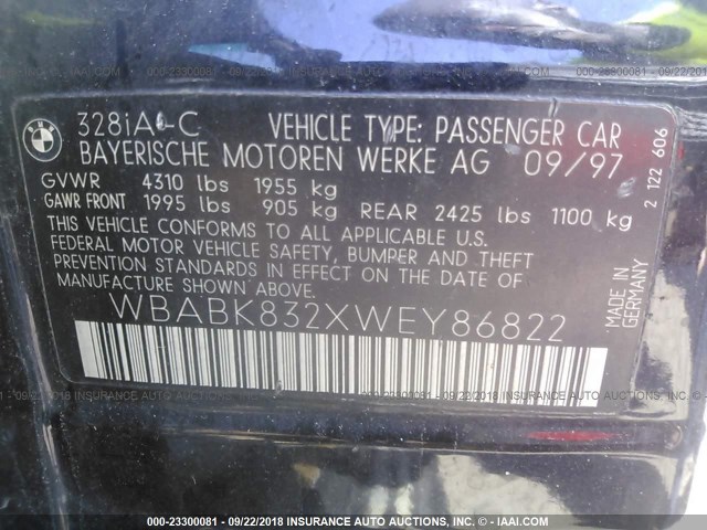 WBABK832XWEY86822 - 1998 BMW 328 IC AUTOMATIC BLACK photo 9