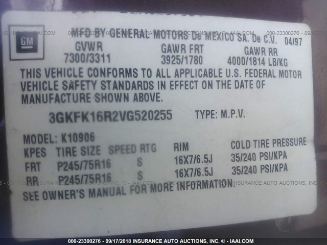 3GKFK16R2VG520255 - 1997 GMC SUBURBAN K1500 MAROON photo 9