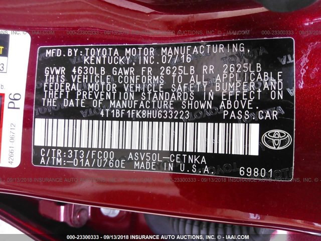 4T1BF1FK8HU633223 - 2017 TOYOTA CAMRY LE/XLE/SE/XSE 勃艮第红 照片 9