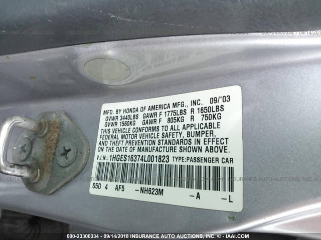 1HGES16374L001823 - 2004 HONDA CIVIC DX VP Gümüş foto 9