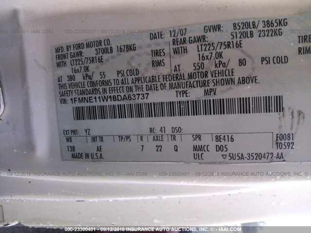 1FMNE11W18DA63737 - 2008 FORD ECONOLINE E150 WAGON WHITE photo 9