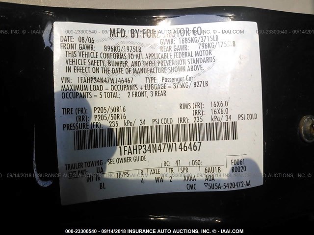 1FAHP34N47W146467 - 2007 FORD FOCUS ZX4/S/SE/SES შავი ფოტო 9