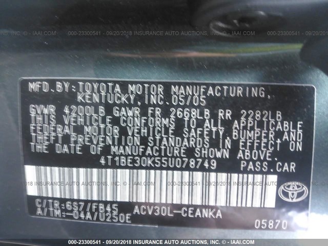 4T1BE30K55U078749 - 2005 TOYOTA CAMRY LE/XLE/SE Жасыл фото 9