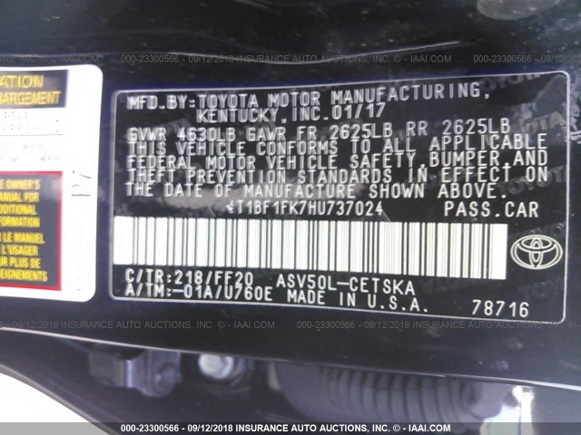 4T1BF1FK7HU737024 - 2017 TOYOTA CAMRY LE/XLE/SE/XSE 黑色 照片 9