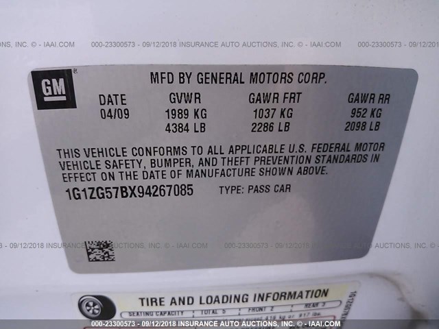 1G1ZG57BX94267085 - 2009 CHEVROLET MALIBU LS 白色 照片 9