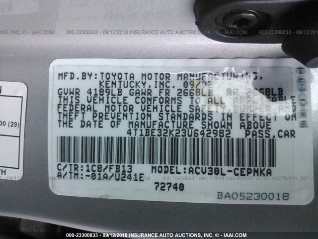 4T1BE32K23U642982 - 2003 TOYOTA CAMRY LE/XLE/SE Gümüş foto 9