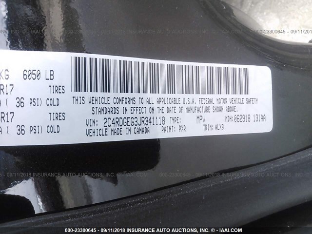 2C4RDGEG3JR341118 - 2018 DODGE GRAND CARAVAN GT BLACK photo 9