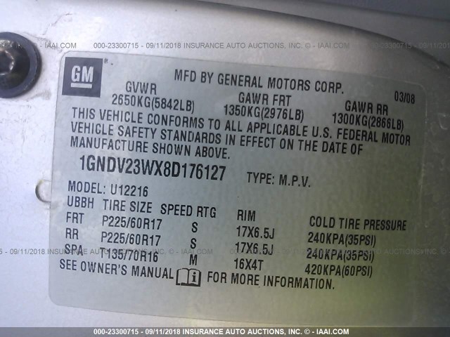 1GNDV23WX8D176127 - 2008 CHEVROLET UPLANDER LS SILVER photo 9