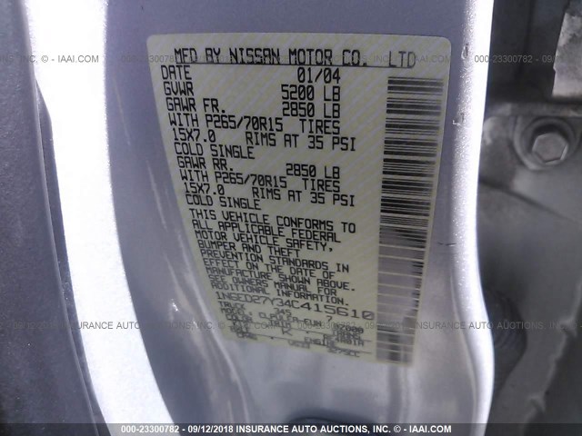 1N6ED27Y34C415610 - 2004 NISSAN FRONTIER CREW CAB XE V6 SILVER photo 9