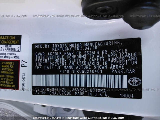 4T1BF1FK0GU240461 - 2016 TOYOTA CAMRY LE/XLE/SE/XSE 白色 照片 9