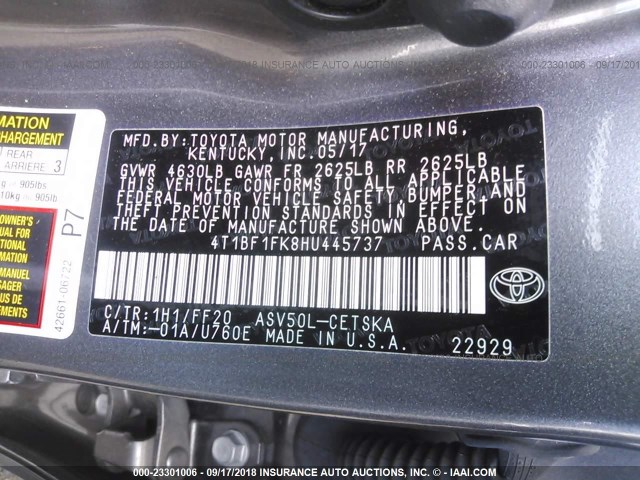 4T1BF1FK8HU445737 - 2017 TOYOTA CAMRY LE/XLE/SE/XSE 灰色 照片 9