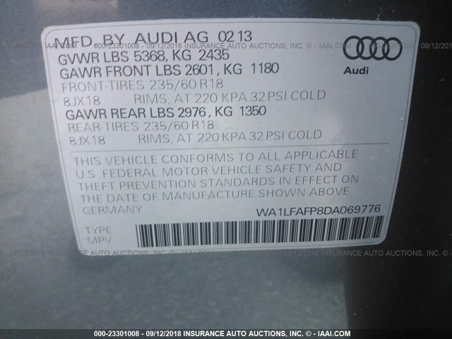 WA1LFAFP8DA069776 - 2013 AUDI Q5 PREMIUM PLUS GRAY photo 9