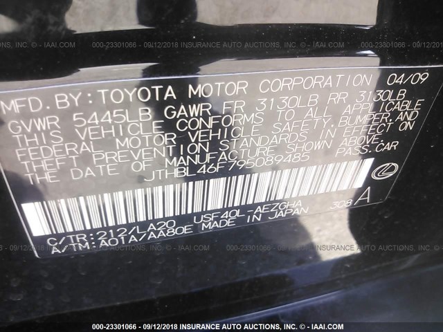 JTHBL46F795089485 - 2009 LEXUS LS 460 BLACK photo 9