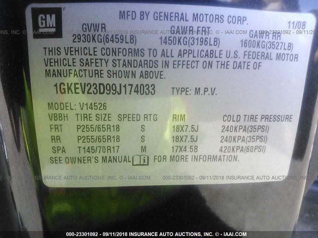 1GKEV23D99J174033 - 2009 GMC ACADIA SLT-1 Schwarz Foto 9