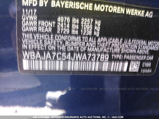 WBAJA7C54JWA73789 - 2018 BMW 530 XI BLUE photo 9