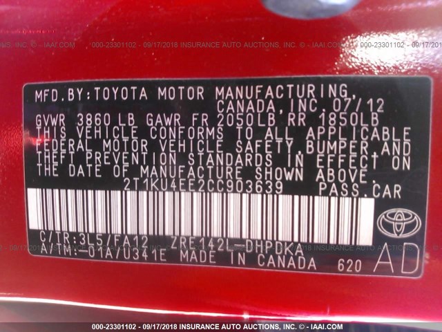 2T1KU4EE2CC903639 - 2012 TOYOTA COROLLA MATRIX  RED photo 9
