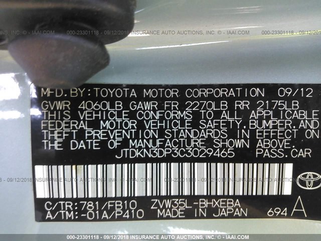 JTDKN3DP3C3029465 - 2012 TOYOTA PRIUS PLUG-IN  TURQUOISE photo 9