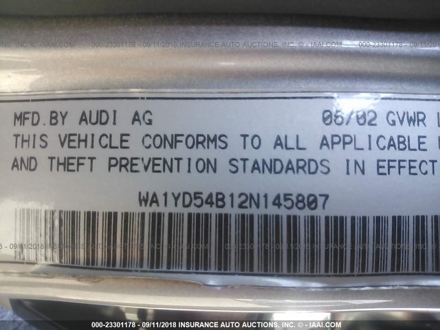 WA1YD54B12N145807 - 2002 AUDI ALLROAD SILVER photo 9