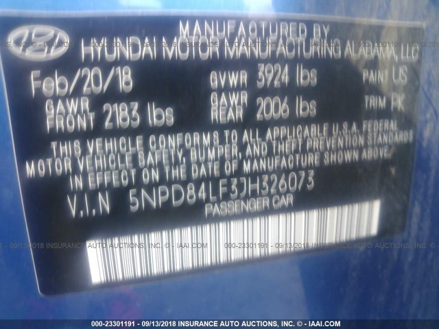 5NPD84LF3JH326073 - 2018 HYUNDAI ELANTRA SEL/VALUE/LIMITED BLUE photo 9