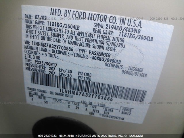 1LNHM87A32Y703886 - 2002 LINCOLN LS 米色 照片 9