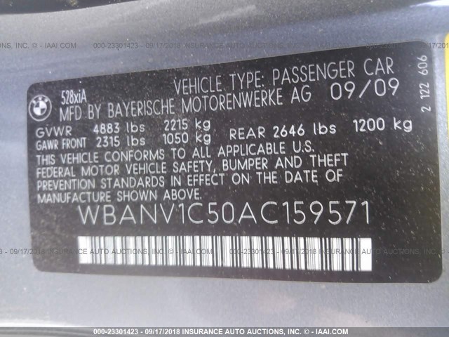 WBANV1C50AC159571 - 2010 BMW 528 XI SILVER photo 9