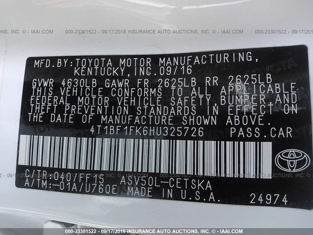 4T1BF1FK6HU325726 - 2017 TOYOTA CAMRY LE/XLE/SE/XSE 白色 照片 9