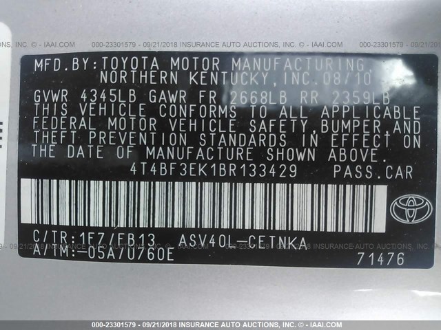 4T4BF3EK1BR133429 - 2011 TOYOTA CAMRY SE/LE/XLE SILVER photo 9