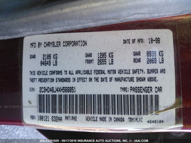 2C3HD46J4XH566851 - 1999 CHRYSLER CONCORDE LXI RED photo 9