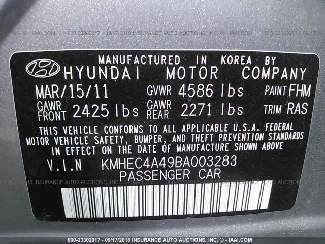 KMHEC4A49BA003283 - 2011 HYUNDAI SONATA HYBRID SILVER photo 9