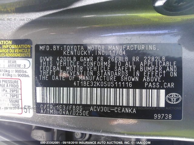 4T1BE32K05U511116 - 2005 TOYOTA CAMRY LE/XLE/SE Сұр фото 9