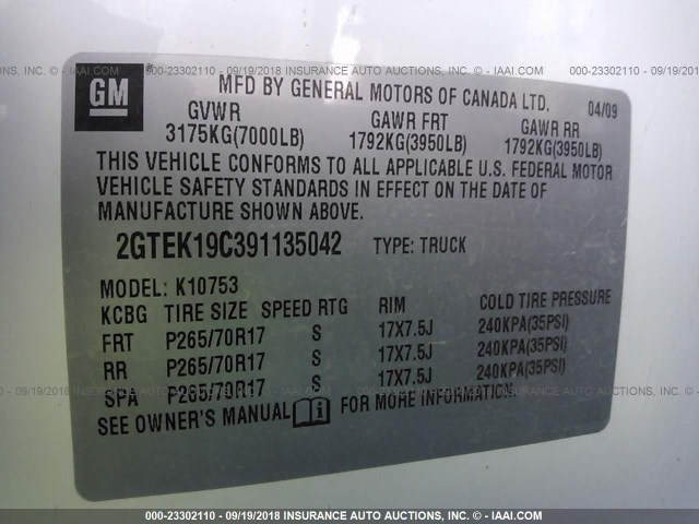 2GTEK19C391135042 - 2009 GMC SIERRA K1500 WHITE photo 9