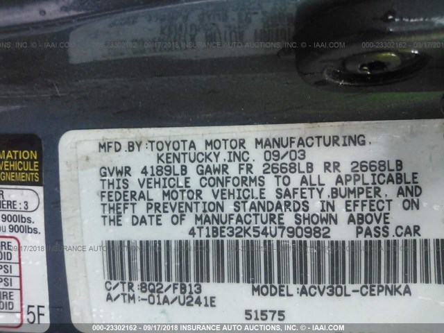 4T1BE32K54U790982 - 2004 TOYOTA CAMRY LE/XLE/SE 蓝色 照片 9