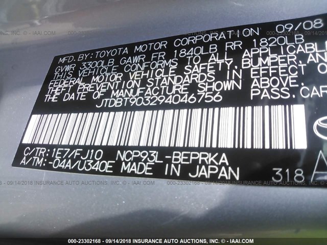 JTDBT903294046756 - 2009 TOYOTA YARIS SILVER photo 9