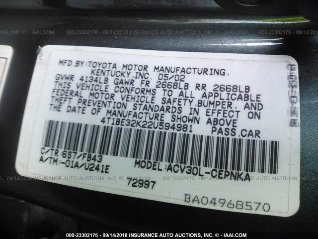 4T1BE32K22U594981 - 2002 TOYOTA CAMRY LE/XLE/SE Жасыл фото 9