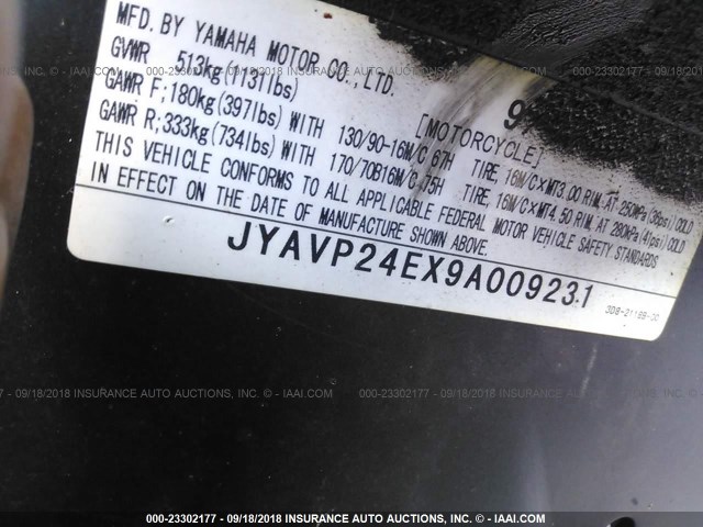 JYAVP24EX9A009231 - 2009 YAMAHA XVS1300 A BLACK photo 10