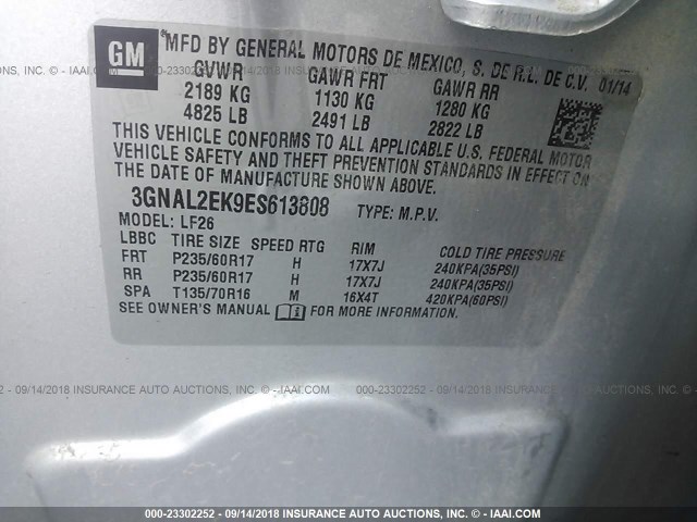 3GNAL2EK9ES613808 - 2014 CHEVROLET CAPTIVA LS 银色 照片 9