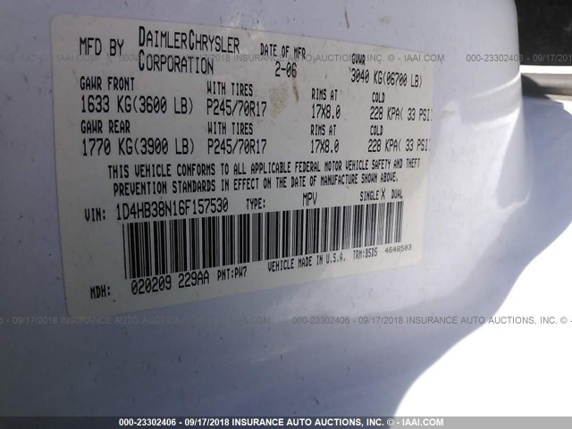 1D4HB38N16F157530 - 2006 DODGE DURANGO SXT WHITE photo 9