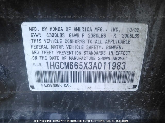 1HGCM665X3A011983 - 2003 HONDA ACCORD EX BLACK photo 9