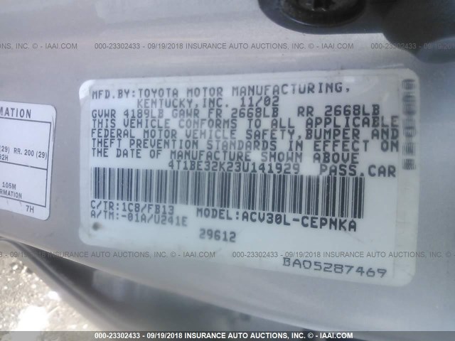 4T1BE32K23U141929 - 2003 TOYOTA CAMRY LE/XLE/SE GRAY photo 9