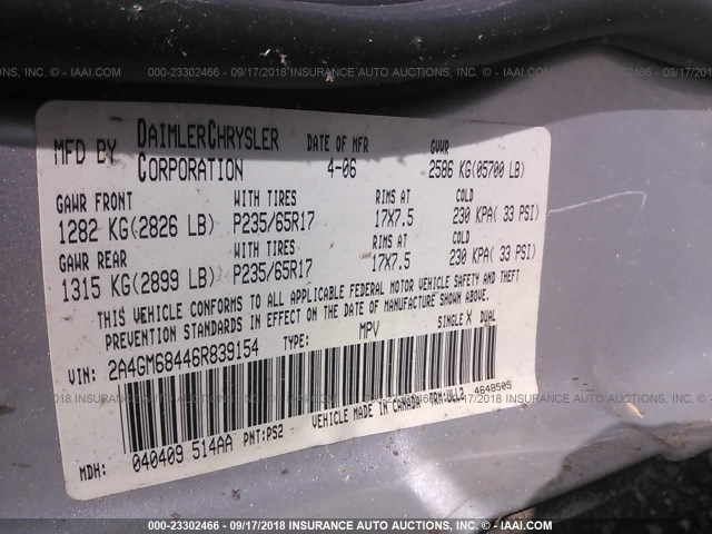 2A4GM68446R839154 - 2006 CHRYSLER PACIFICA TOURING SILVER photo 9
